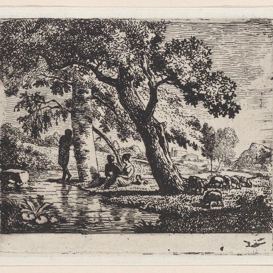 Three figures seated beneath a tree with a body of water at left and sheep at right