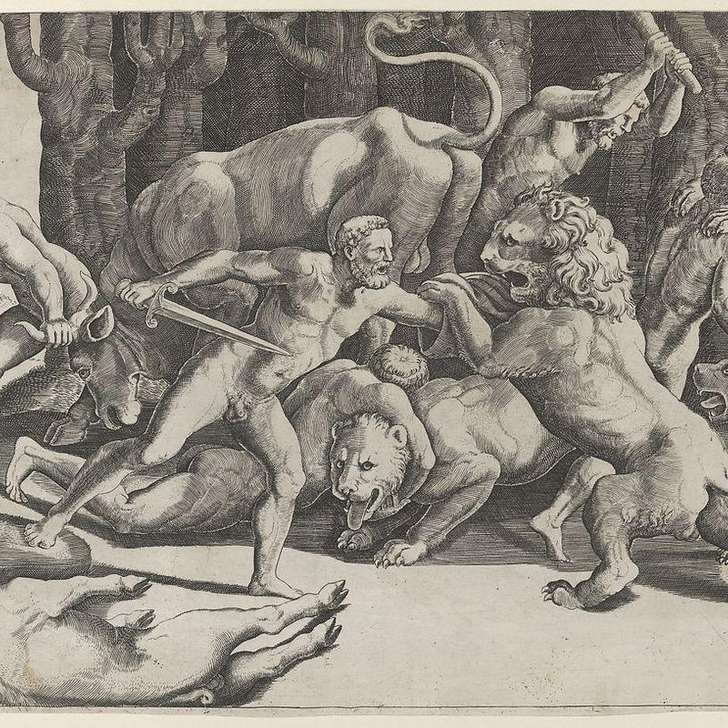 Five men fighting beasts, at lower left is a fallen boar