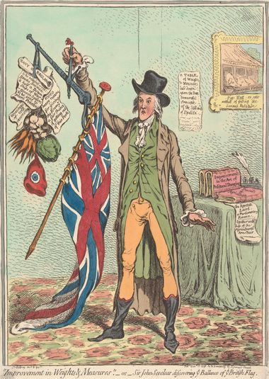 Improvement in Weights and Measures. - or - "Sir John Seeclear Discovering e/y Ballance of e/y Flag" (from: Caricature, vol. 1)