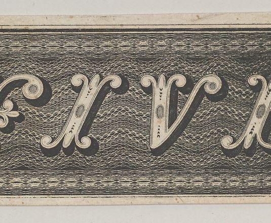 Banknote motif: the word FIVE against a rectangle of ornamental lathe work resembling wavy woven bands