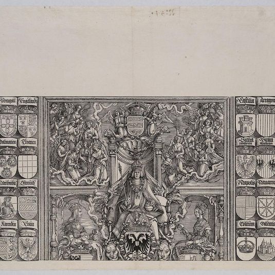 The Emperor Seated on His Throne, Seated Between Joanna of Castile and Mary of Burgundy, Above Are Twenty-two Winged Victories; with Coats of Arms of Maximilian's Noble Relatives, from the Arch of Honor, proof, dated 1515, printed 1517-18