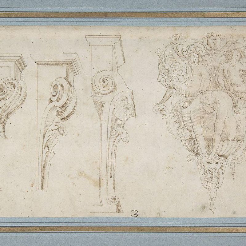 Design for Three Consoles Decorated with Foliage and Volutes and a Console with a Satyr Head Surmounted by Three Human Figures, Garland and Foliage